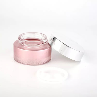 Botol kosmetik kaca lukisan warna pink 50g dengan tutup sekrup perak untuk krim perawatan kulit