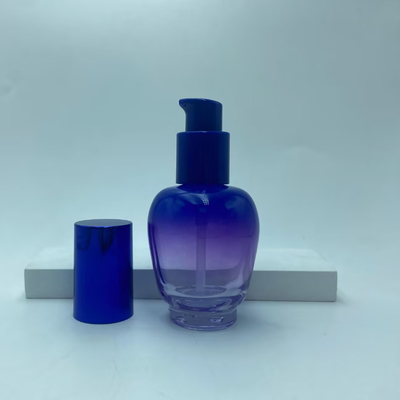 Botol Losion Kaca 30ml Botol Serum Gradien Biru dengan Pompa Botol Minyak Botol Pompa Botol Kosmetik OEM