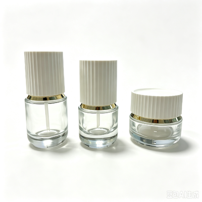 Botol Pompa Kaca Bening Kosong 30ml dan 50ml Wadah Serum Losion Kosmetik Tutup Putih Bergaris Pompa Tekan Emas Kemasan Perawatan Kulit