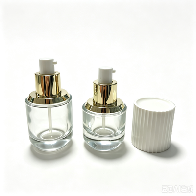Botol Pompa Kaca Bening Kosong 30ml dan 50ml Wadah Serum Losion Kosmetik Tutup Putih Bergaris Pompa Tekan Emas Kemasan Perawatan Kulit
