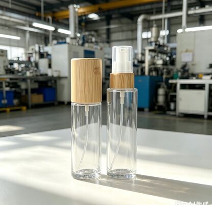 30ml 50ml customed Color Glass Bottle Press Pump Type Bamboo Lid  for Cosmetics