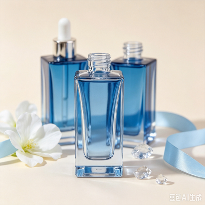 Blue Transparent Glass Dropper Bottle, Thick Base Square Cosmetic Serum Oil Packaging Bottle with White Rubber Dropper