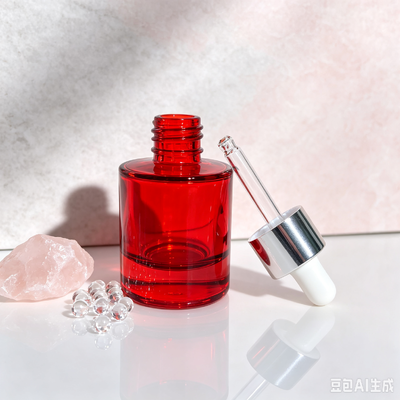 Botol Dropper Kaca Transparan Merah, Botol Kemasan Minyak Serum Kosmetik dengan Dropper Karet Putih