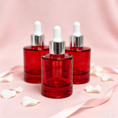 Botol Dropper Kaca Transparan Merah, Botol Kemasan Minyak Serum Kosmetik dengan Dropper Karet Putih